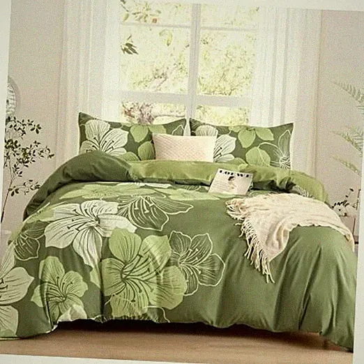 3 Pieces Duvet Cover Set King Sage Green King (90"x 104") Olive Green Flower
