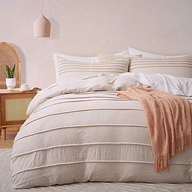 Beige Duvet Cover King Size - Pleated King Duvet Cover, 3PCS Soft and Breathable
