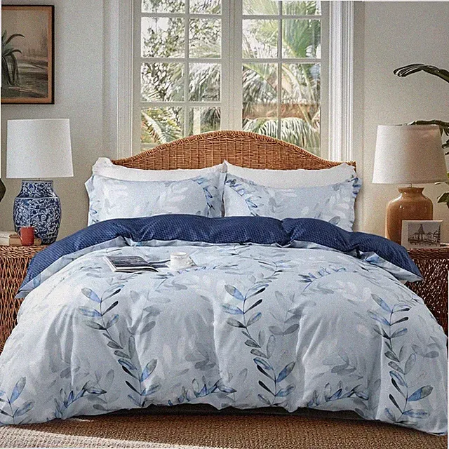 Duvet Cover King Size,Reversible Leaf Blue Duvet Cover Set with Zipper Closur...