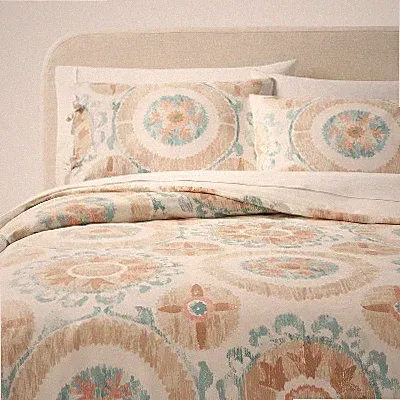 King Suzani Print Duvet Cover and Sham Set Ivory/Light Teal Blue