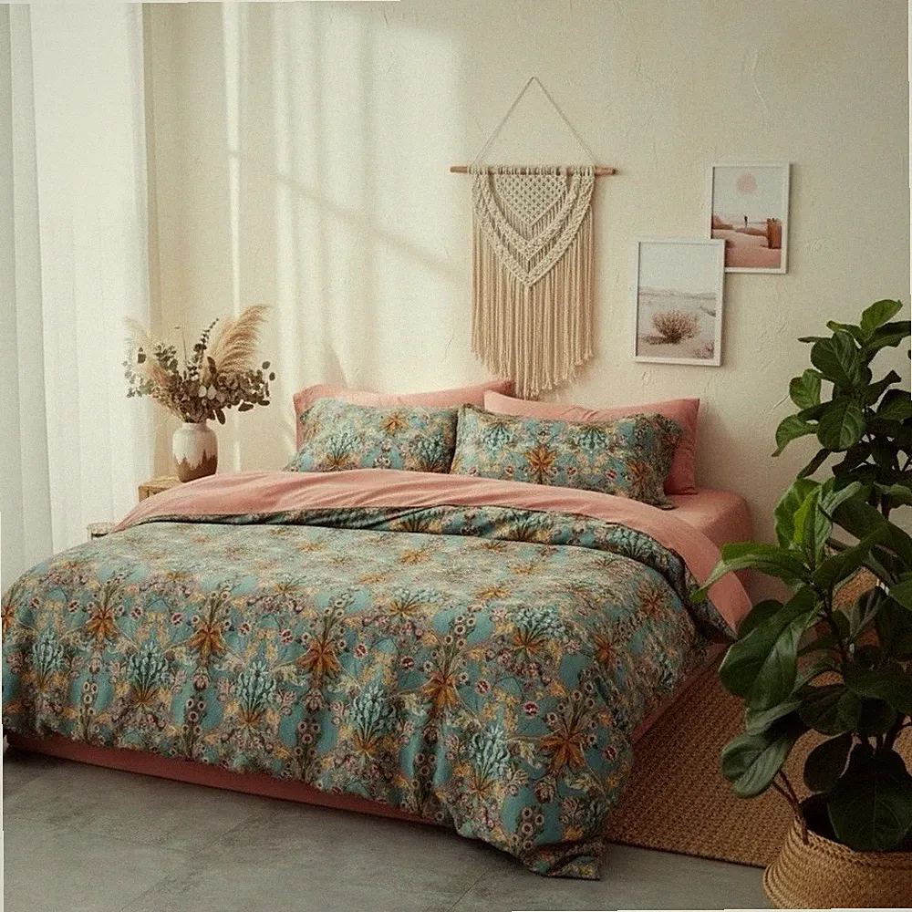 NEW Anthropologie Blue Orange Boho Queen Size Bedding Duvet Floral Sham Case Set