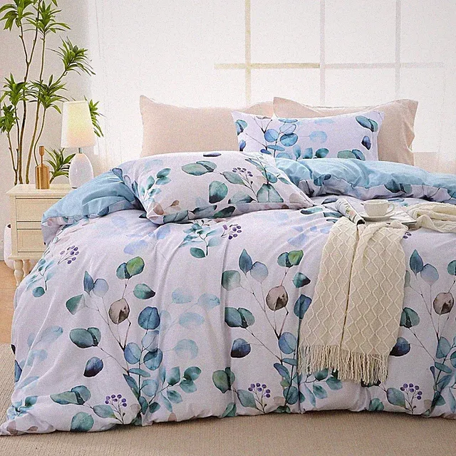 Reversible floral blue down comforter cover set with zipper closure and 4 ties