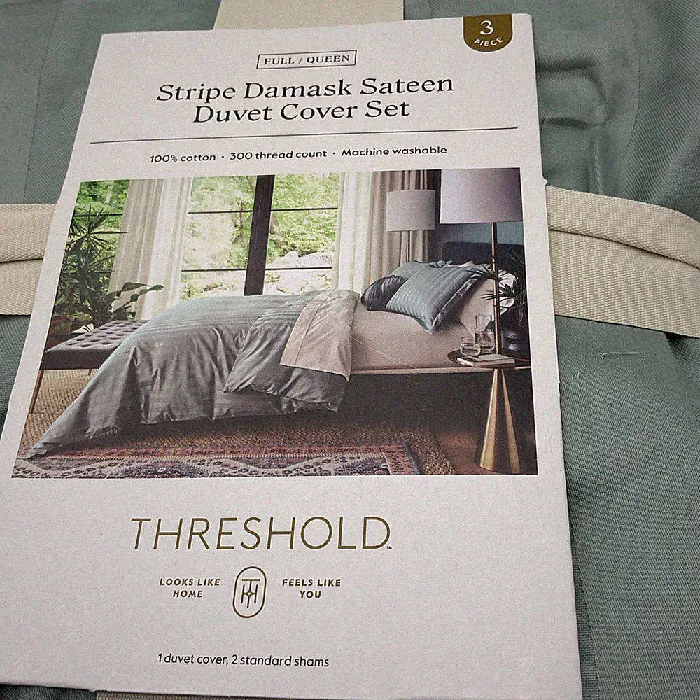 Threshold Luxe Striped Damask Duvet Cover and Sham Set Full/Queen Teal Green*
