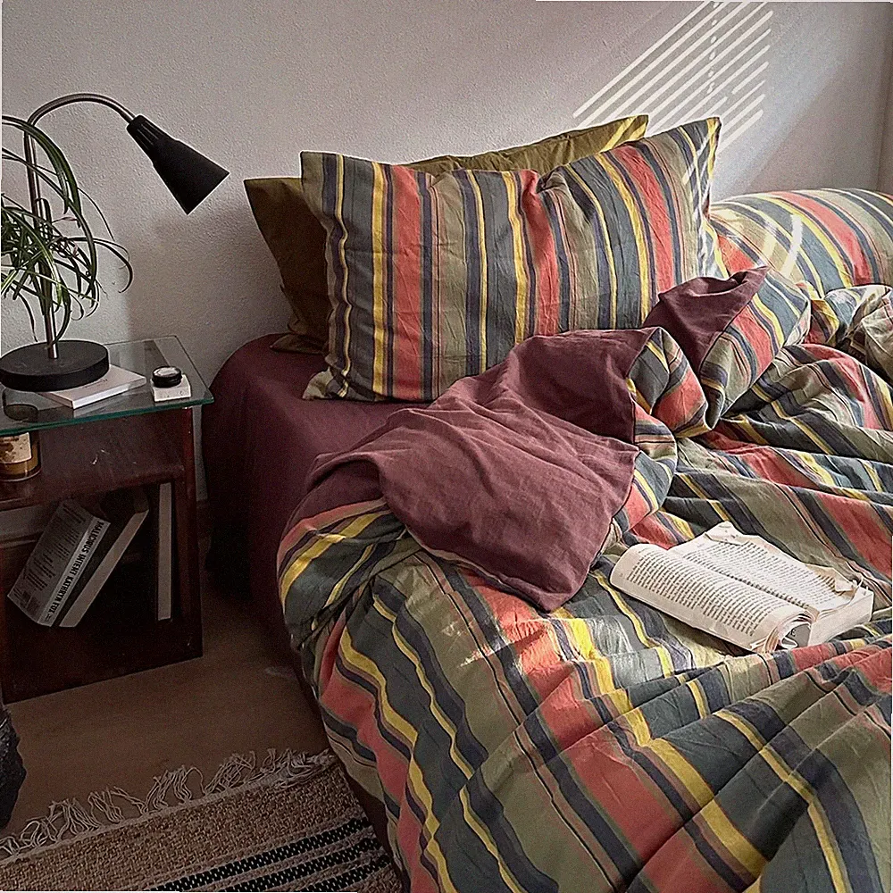 Vintage Striped Duvet Cover Set Full Size - 3 Piece 100% Washed Cotton Beddin...